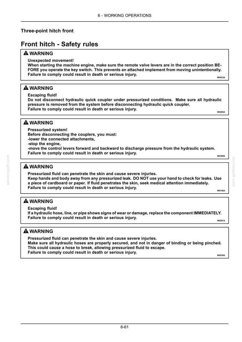 May include: A technical document page titled 6-WORKING OPERATIONS featuring safety rules for a front three-point hitch. It lists six warning sections regarding unexpected movement, escaping pressurized hydraulic fluid, and system maintenance procedures.