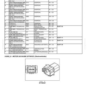 May include: Diagram of electrical systems, including cable harnesses and connectors. The image includes a table with technical specifications and a detailed illustration of a connector labeled "X-ENG_H - MOTOR AN HAUBE (87700321)".