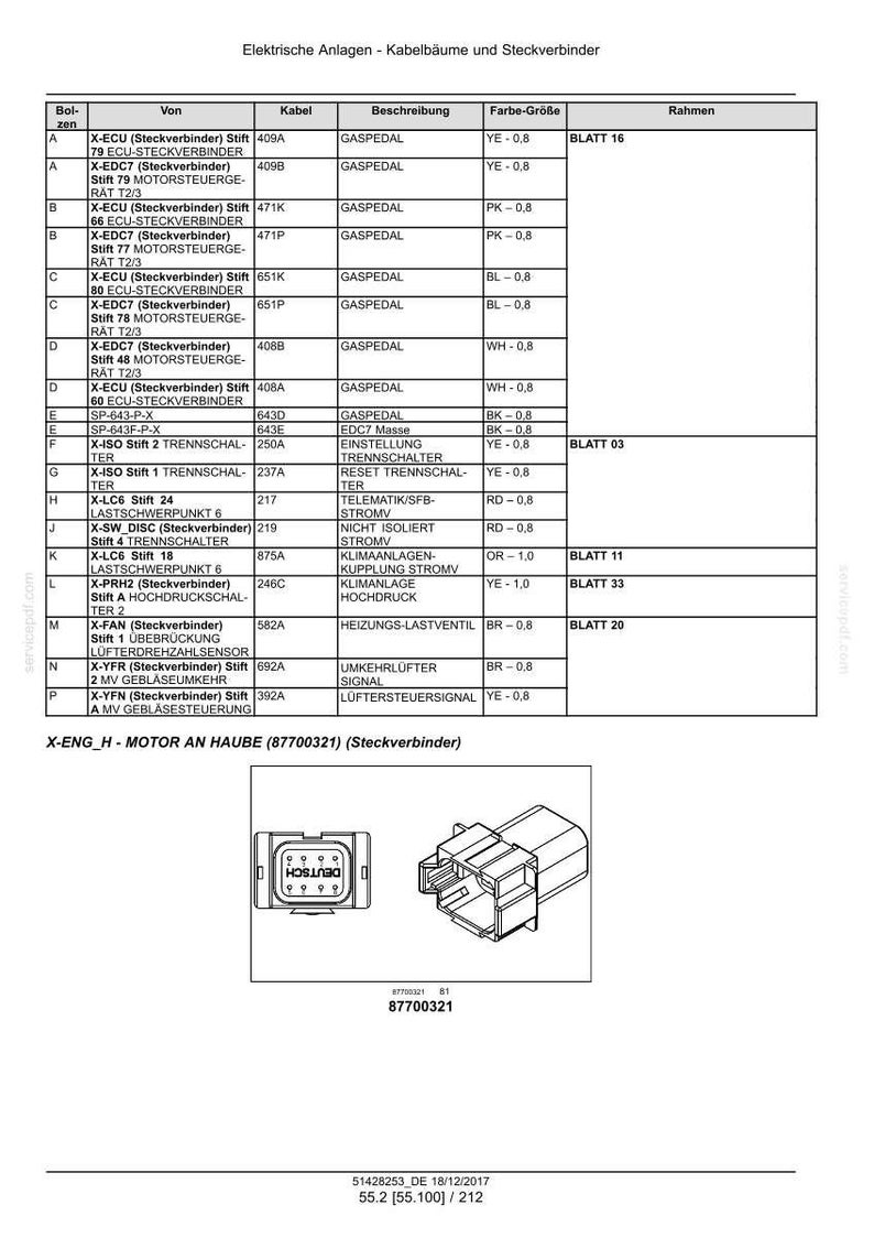 May include: Diagram of electrical systems, including cable harnesses and connectors. The image includes a table with technical specifications and a detailed illustration of a connector labeled "X-ENG_H - MOTOR AN HAUBE (87700321)".