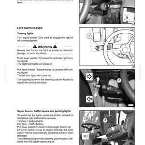 May include: Diagram of a vehicle's controls and instruments, including the horn button, left switch lever for turning lights, and upper beams. The image includes text labels and numbered components.