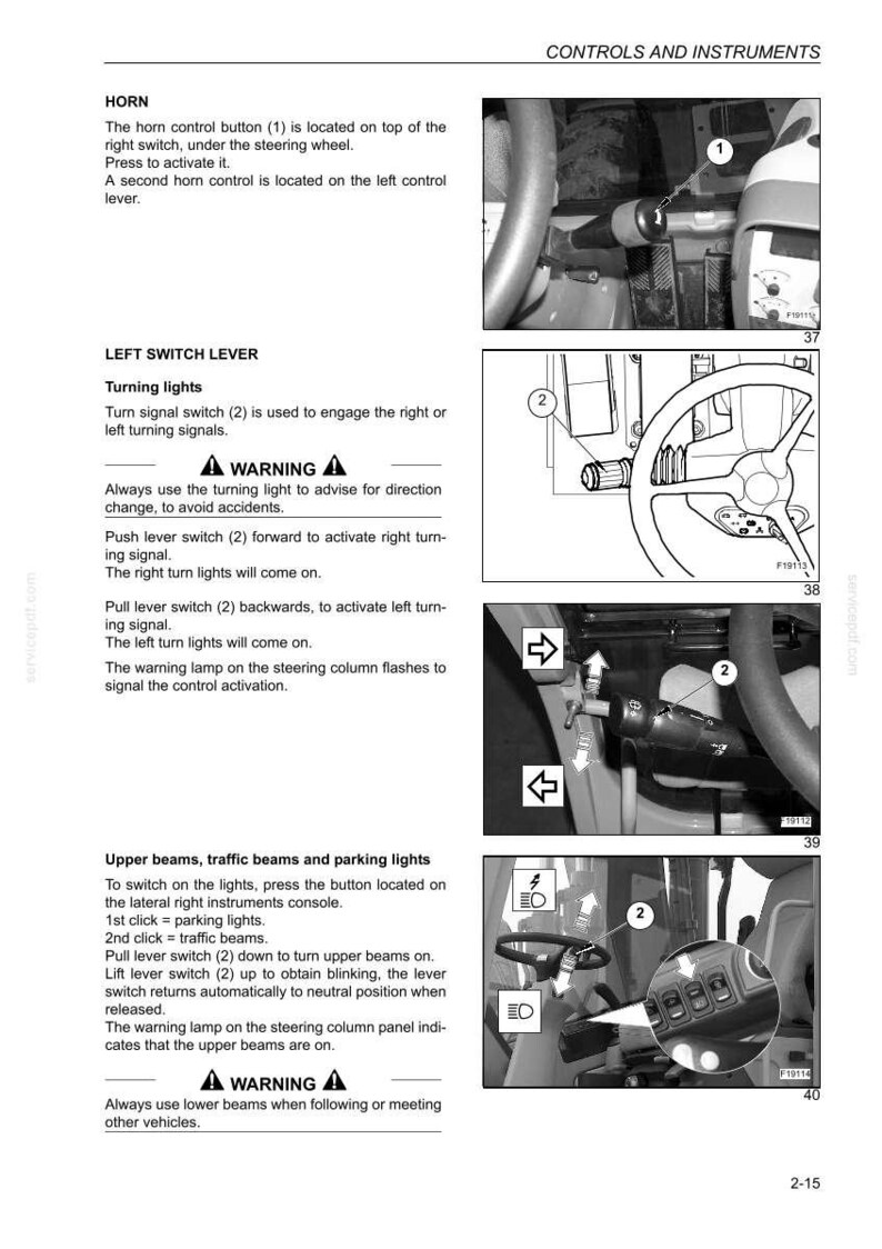 May include: Diagram of a vehicle's controls and instruments, including the horn button, left switch lever for turning lights, and upper beams. The image includes text labels and numbered components.
