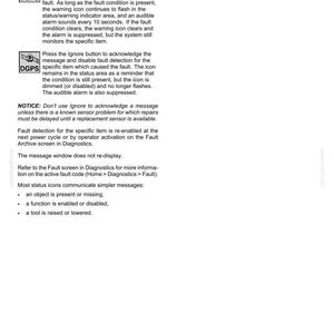 May include: A technical document page titled 2 - ICONS AND WINDOWS, featuring instructions for acknowledging Caution messages. It includes two DGPS icons and text explaining how to use the OK and Ignore buttons to manage fault detection system alerts.