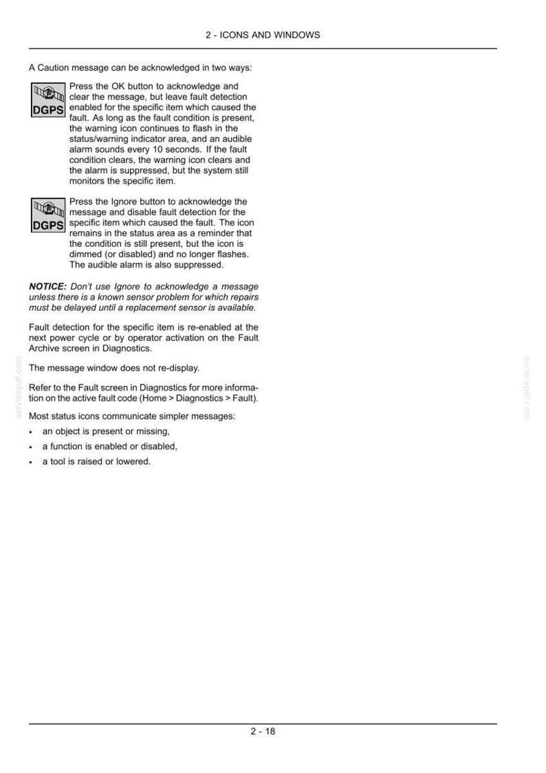 May include: A technical document page titled 2 - ICONS AND WINDOWS, featuring instructions for acknowledging Caution messages. It includes two DGPS icons and text explaining how to use the OK and Ignore buttons to manage fault detection system alerts.