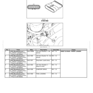May include: Diagram of electrical systems, harnesses, and connectors. Includes a plug with multiple pins and a detailed table with pin descriptions, wire details, and color sizes. The image also shows a close-up of a connector.