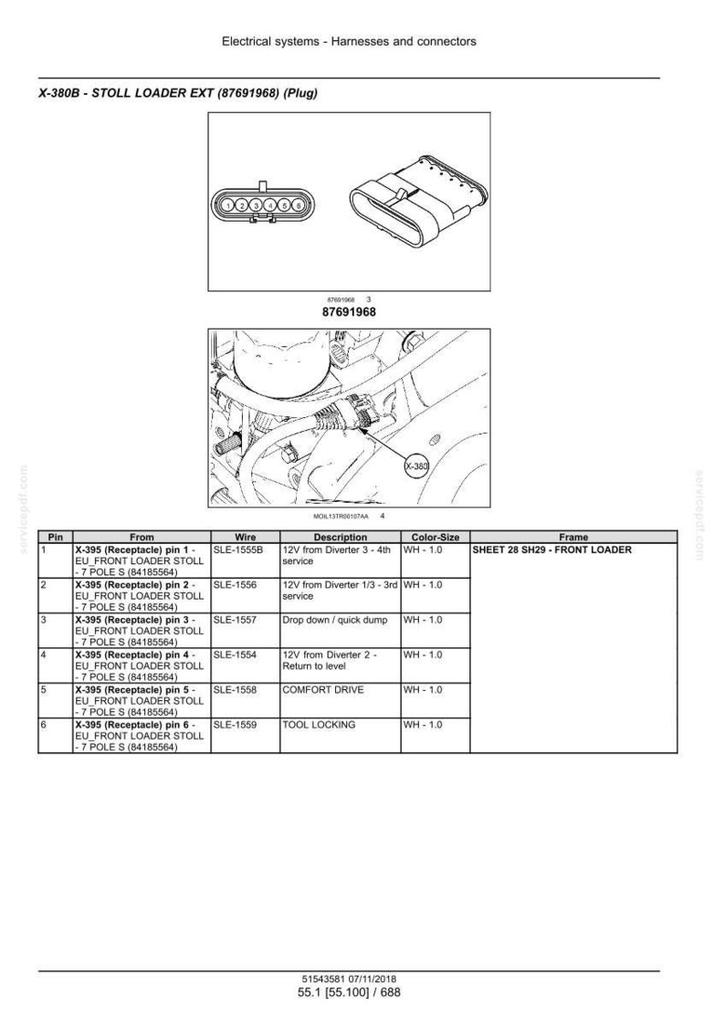 May include: Diagram of electrical systems, harnesses, and connectors. Includes a plug with multiple pins and a detailed table with pin descriptions, wire details, and color sizes. The image also shows a close-up of a connector.