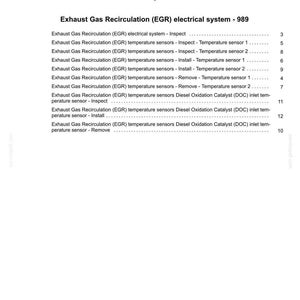 Puede incluir: Una p&aacute;gina blanca con el t&iacute;tulo &laquo;&Iacute;ndice&raquo; y el subt&iacute;tulo &laquo;Electrical systems - 55&raquo;. La p&aacute;gina enumera varios temas relacionados con el sistema de recirculaci&oacute;n de gases de escape (EGR), incluida la inspecci&oacute;n, instalaci&oacute;n y extracci&oacute;n de sensores de temperatura.