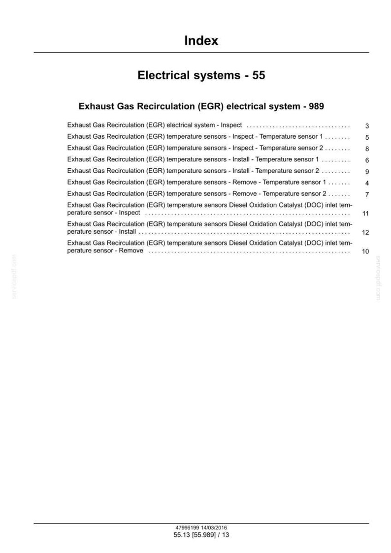 Puede incluir: Una p&aacute;gina blanca con el t&iacute;tulo &laquo;&Iacute;ndice&raquo; y el subt&iacute;tulo &laquo;Electrical systems - 55&raquo;. La p&aacute;gina enumera varios temas relacionados con el sistema de recirculaci&oacute;n de gases de escape (EGR), incluida la inspecci&oacute;n, instalaci&oacute;n y extracci&oacute;n de sensores de temperatura.