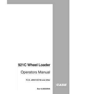 May include: A white manual titled "921C Wheel Loader Operators Manual." The cover features the text in black font, with the CASE logo in the bottom right corner. A gray rectangular design is on the right side.