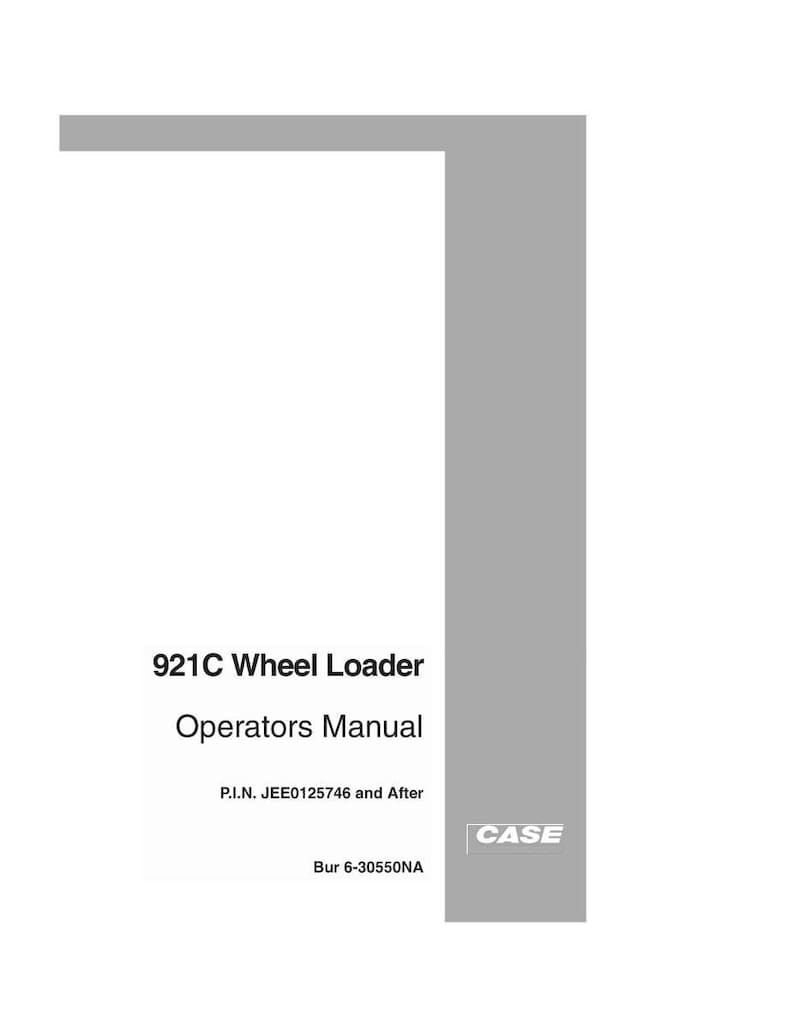 May include: A white manual titled "921C Wheel Loader Operators Manual." The cover features the text in black font, with the CASE logo in the bottom right corner. A gray rectangular design is on the right side.