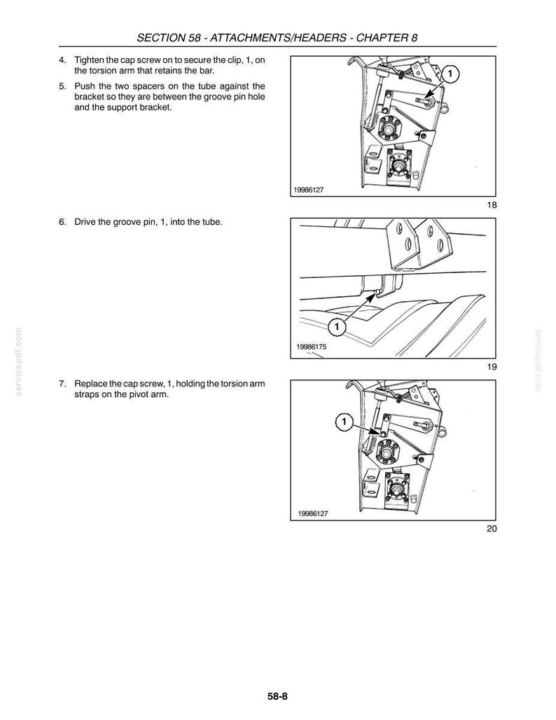 May include: A page from a manual with diagrams and instructions for mechanical assembly. The diagrams show various components, including a clip, torsion arm, and groove pin. Text includes "SECTION 58 - ATTACHMENTS/HEADERS - CHAPTER 8".