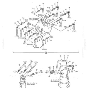 May include: A technical diagram showing hydraulic lines, upper, nibbler and breaker, extra. The illustration displays a control valve, swivel joint, and swing motor with various numbered components, connectors, and hoses labeled for assembly reference.