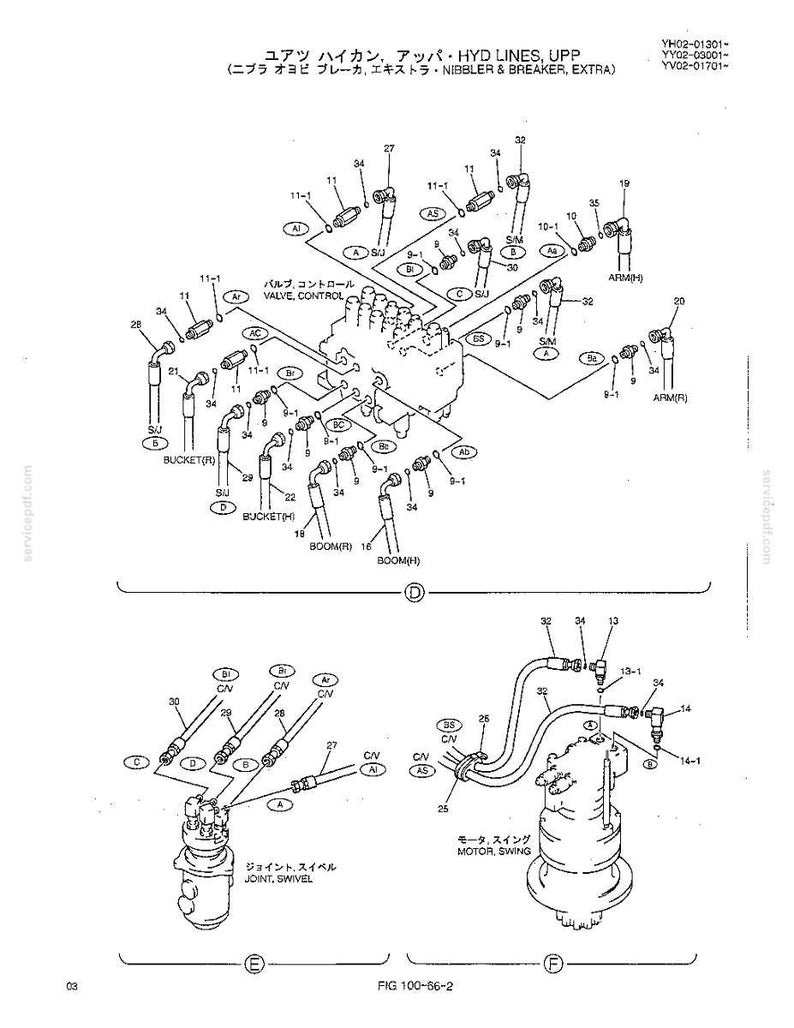 May include: A technical diagram showing hydraulic lines, upper, nibbler and breaker, extra. The illustration displays a control valve, swivel joint, and swing motor with various numbered components, connectors, and hoses labeled for assembly reference.