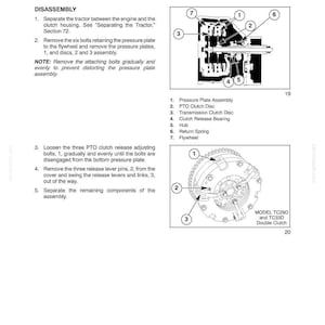May include: A technical manual page titled SECTION 18 - CLUTCHES - CHAPTER 1, detailing the disassembly of a tractor clutch. It includes numbered diagrams of a pressure plate assembly, flywheel, and clutch discs for models TC29D and TC33D.