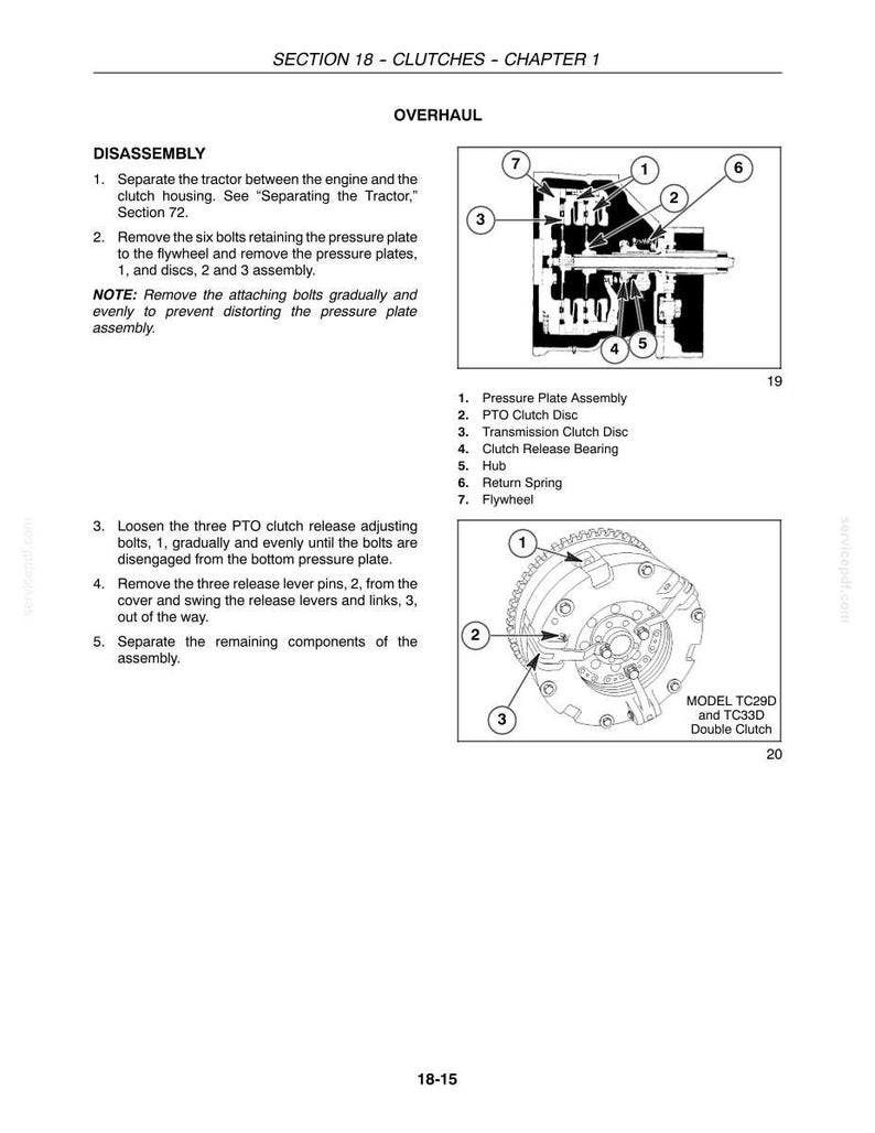 May include: A technical manual page titled SECTION 18 - CLUTCHES - CHAPTER 1, detailing the disassembly of a tractor clutch. It includes numbered diagrams of a pressure plate assembly, flywheel, and clutch discs for models TC29D and TC33D.