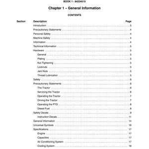 May include: A printed page from a manual titled "SECTION 00 - GENERAL INFORMATION." The table of contents lists topics such as "Introduction," "Safety," and "Specifications." The page number is 2.