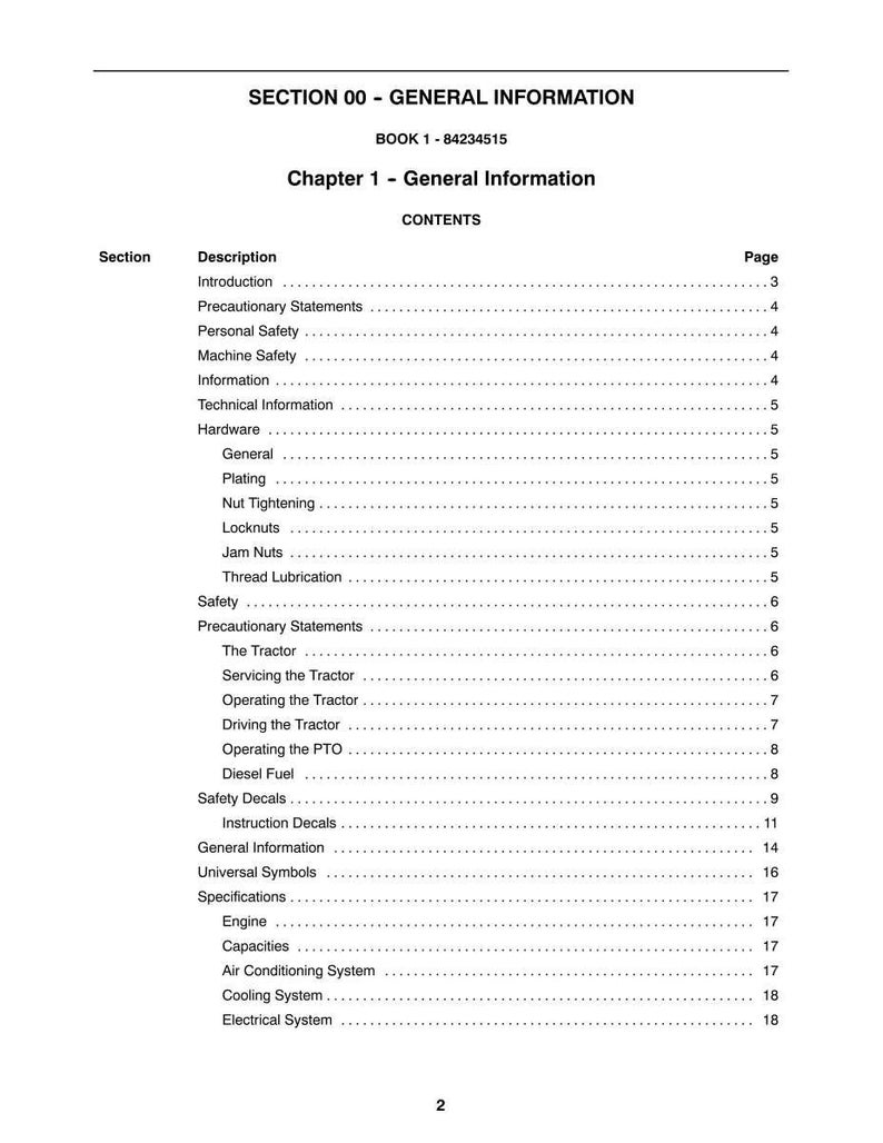 May include: A printed page from a manual titled "SECTION 00 - GENERAL INFORMATION." The table of contents lists topics such as "Introduction," "Safety," and "Specifications." The page number is 2.