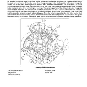 May include: Diagram of a three-cylinder engine's oil lubrication system, with labels for the oil pressure switch, oil pump, suction strainer, relief valve, and oil filter. The image includes detailed internal components.