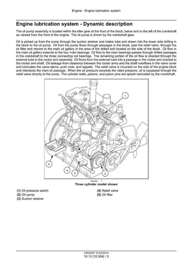 May include: Diagram of a three-cylinder engine's oil lubrication system, with labels for the oil pressure switch, oil pump, suction strainer, relief valve, and oil filter. The image includes detailed internal components.