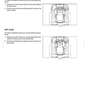 May include: A technical manual page titled 4 - OPERATING INSTRUCTIONS detailing emergency stopping procedures for gear and HST tractor models. It includes black and white line drawings of tractor operator stations with numbered components.