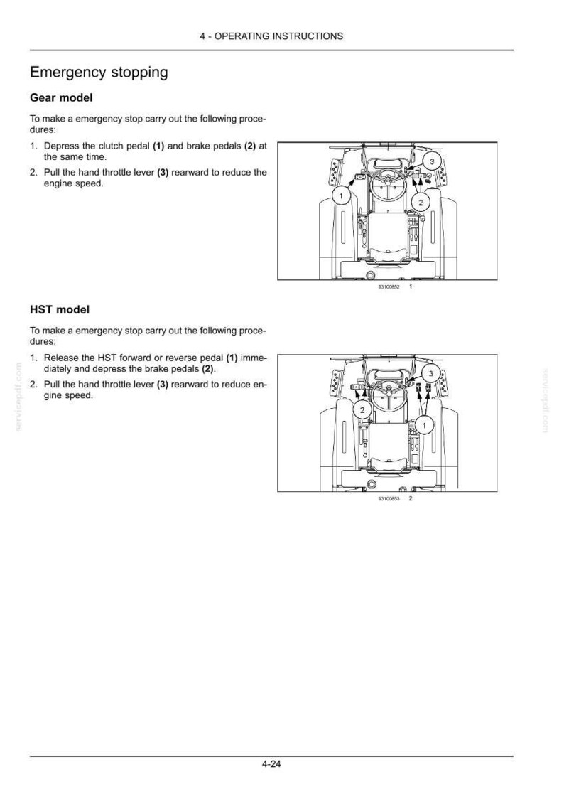 May include: A technical manual page titled 4 - OPERATING INSTRUCTIONS detailing emergency stopping procedures for gear and HST tractor models. It includes black and white line drawings of tractor operator stations with numbered components.