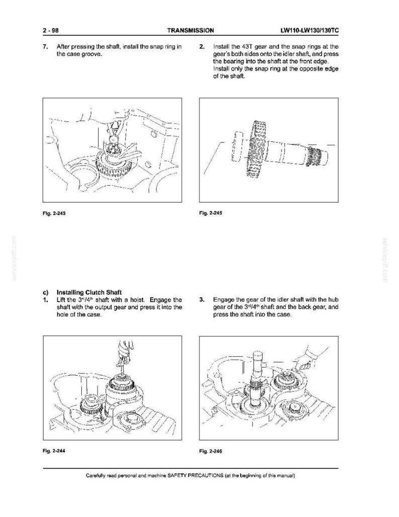 May include: Diagrams from a manual detailing transmission assembly steps. The images show various mechanical components, including gears, shafts, and snap rings, with accompanying text instructions for installation and alignment.