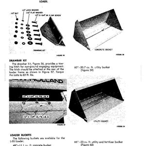 May include: A technical manual page titled ATTACHMENTS showing a drawbar kit with 1/2 inch nuts, lock washers, flat washers, and 1 3/4 inch cap screws. Includes illustrations of a 48 inch concrete bucket, a 60 inch 20.7 cubic foot utility bucket, and text.