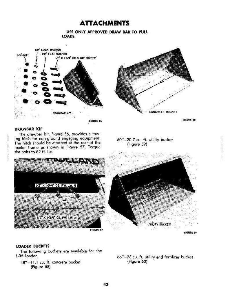 May include: A technical manual page titled ATTACHMENTS showing a drawbar kit with 1/2 inch nuts, lock washers, flat washers, and 1 3/4 inch cap screws. Includes illustrations of a 48 inch concrete bucket, a 60 inch 20.7 cubic foot utility bucket, and text.