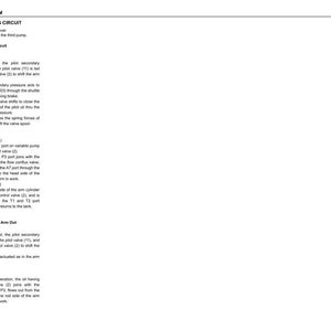 May include: A page from a technical manual detailing the hydraulic system of a machine. The text includes sections on arm operating circuits, pilot circuits, and main circuits. The document is printed in black text on a white background.