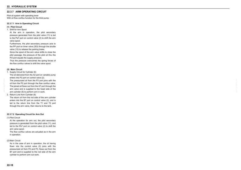 May include: A page from a technical manual detailing the hydraulic system of a machine. The text includes sections on arm operating circuits, pilot circuits, and main circuits. The document is printed in black text on a white background.