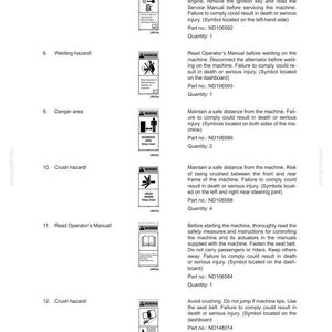May include: Operator's Manual with safety warnings. Includes warnings about adjusting the machine, welding, danger areas, crush hazards, and reading the manual. The manual provides instructions and safety measures for operating the machine.
