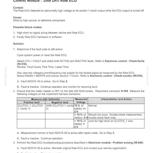 May include: A technical document titled "Electrical systems - FAULT CODES" with fault code 520315-00. The document provides troubleshooting steps for a clutch issue, including voltage measurements and interpretations. Includes a table with voltage readings.
