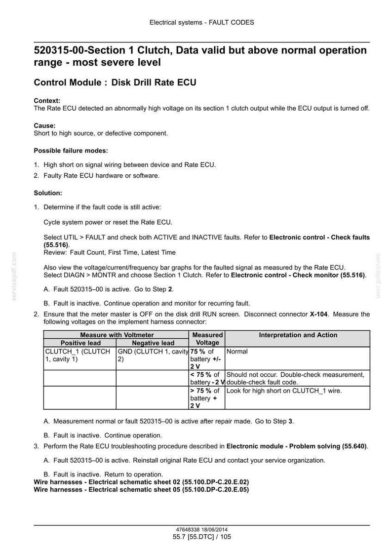 May include: A technical document titled "Electrical systems - FAULT CODES" with fault code 520315-00. The document provides troubleshooting steps for a clutch issue, including voltage measurements and interpretations. Includes a table with voltage readings.