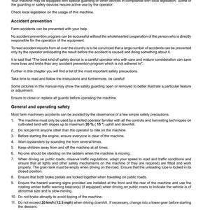 May include: A page from a manual titled "Safety rules" with text about accident prevention and operating safety for machinery. The text includes warnings about slopes, speed, and road safety. The document is dated October 31, 2012.