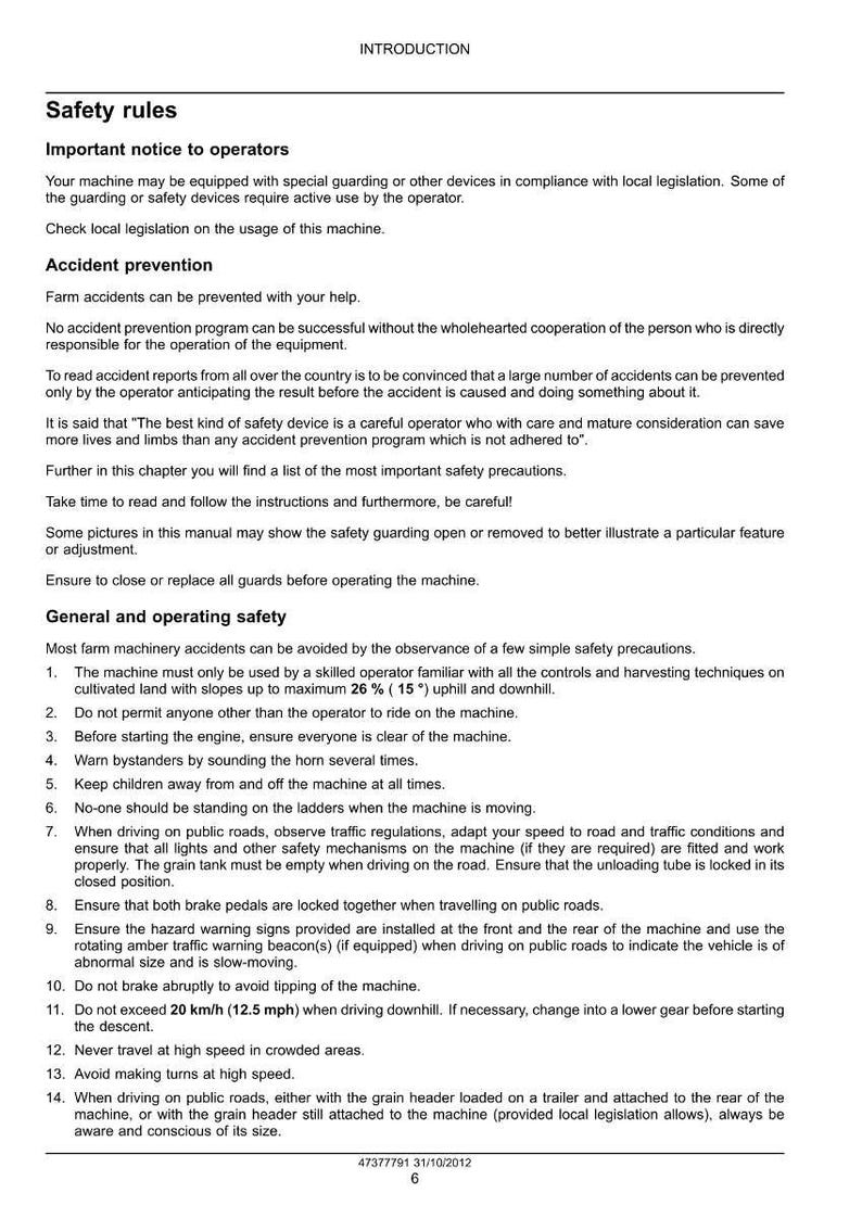 May include: A page from a manual titled "Safety rules" with text about accident prevention and operating safety for machinery. The text includes warnings about slopes, speed, and road safety. The document is dated October 31, 2012.