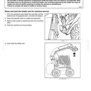 K&ouml;nnte beinhalten: Eine schwarz-wei&szlig;e technische Dokumentenseite mit dem Titel 2-SAFETY INFORMATION, die das Verfahren zur Verriegelung des Laderarms und zum Kippen der Kabine f&uuml;r Vertikalliftmaschinen beschreibt, inklusive Gefahrenhinweis und Diagrammen.