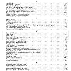 May include: A detailed page from a manual, featuring a table of contents with various operational and safety topics. The text is black on a white background, with headings like "Safety Rules" and "Transmission Fluid".