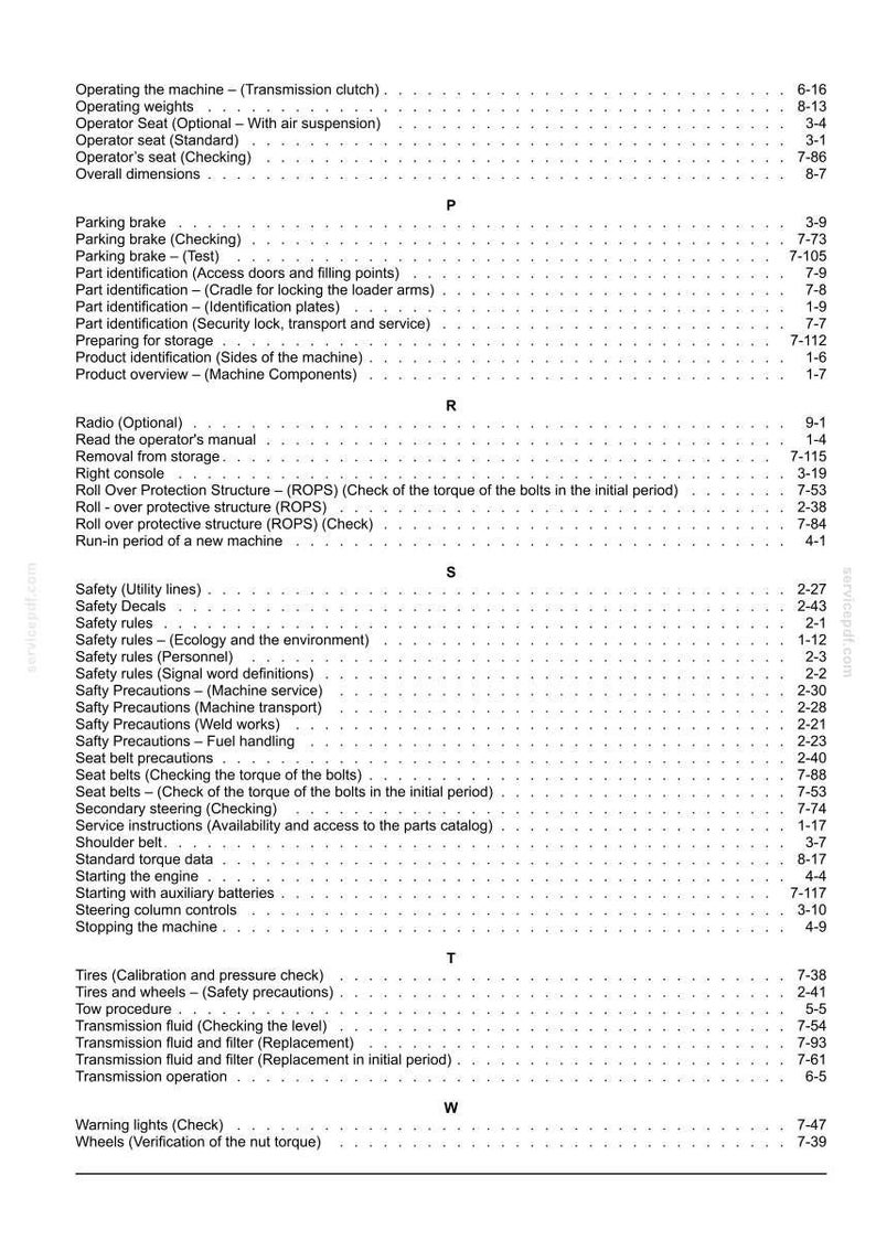 May include: A detailed page from a manual, featuring a table of contents with various operational and safety topics. The text is black on a white background, with headings like "Safety Rules" and "Transmission Fluid".