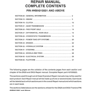 May include: A white page from a repair manual for DX29 and DX33 tractors. The manual's title is "Repair Manual Complete Contents." The table of contents lists sections such as Engine, Clutch, Gear Transmission, and Brakes.