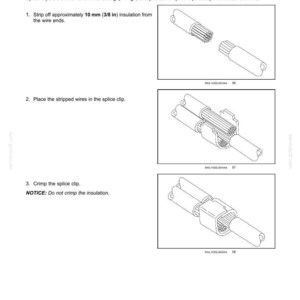 Puede incluir: Diagrama que ilustra el proceso de empalme de m&uacute;ltiples cables con conectores de empalme. Los pasos incluyen pelar aproximadamente 10 mm de aislamiento, colocar los cables en el conector y crimpar. Texto: "Sistemas el&eacute;ctricos - Arneses y conectores."