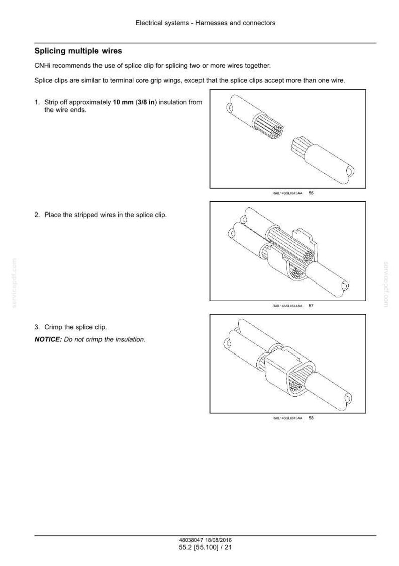 Puede incluir: Diagrama que ilustra el proceso de empalme de m&uacute;ltiples cables con conectores de empalme. Los pasos incluyen pelar aproximadamente 10 mm de aislamiento, colocar los cables en el conector y crimpar. Texto: "Sistemas el&eacute;ctricos - Arneses y conectores."