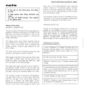 May include: A page from a DROTT CRUZ-AIR manual with text and diagrams. The text includes instructions for checking oil levels and troubleshooting planetary drive axles. The page is white with black text.