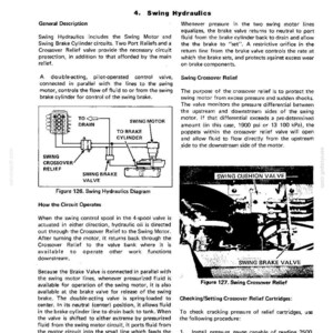 Puede incluir: Diagrama t&eacute;cnico del sistema hidr&aacute;ulico DROTT CRUZ-CRANE, que detalla la hidr&aacute;ulica de giro. Incluye diagramas del motor de giro, la v&aacute;lvula de freno y los componentes de alivio cruzado. Texto con descripciones operativas e instrucciones de prueba de presi&oacute;n.
