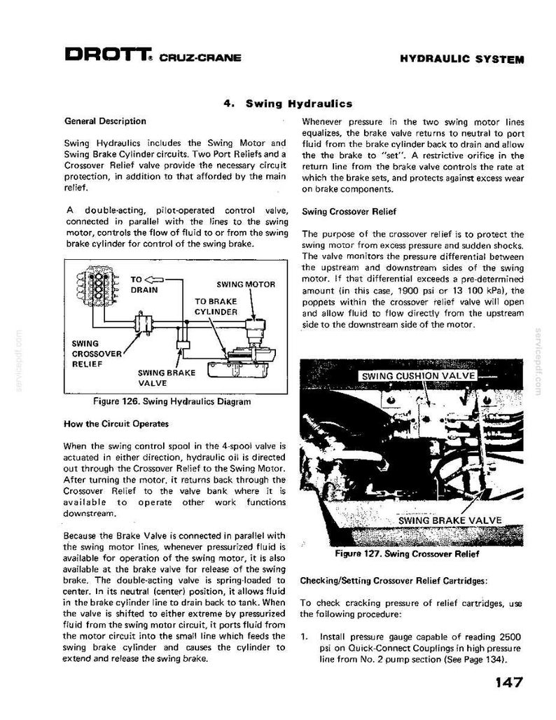 Puede incluir: Diagrama t&eacute;cnico del sistema hidr&aacute;ulico DROTT CRUZ-CRANE, que detalla la hidr&aacute;ulica de giro. Incluye diagramas del motor de giro, la v&aacute;lvula de freno y los componentes de alivio cruzado. Texto con descripciones operativas e instrucciones de prueba de presi&oacute;n.