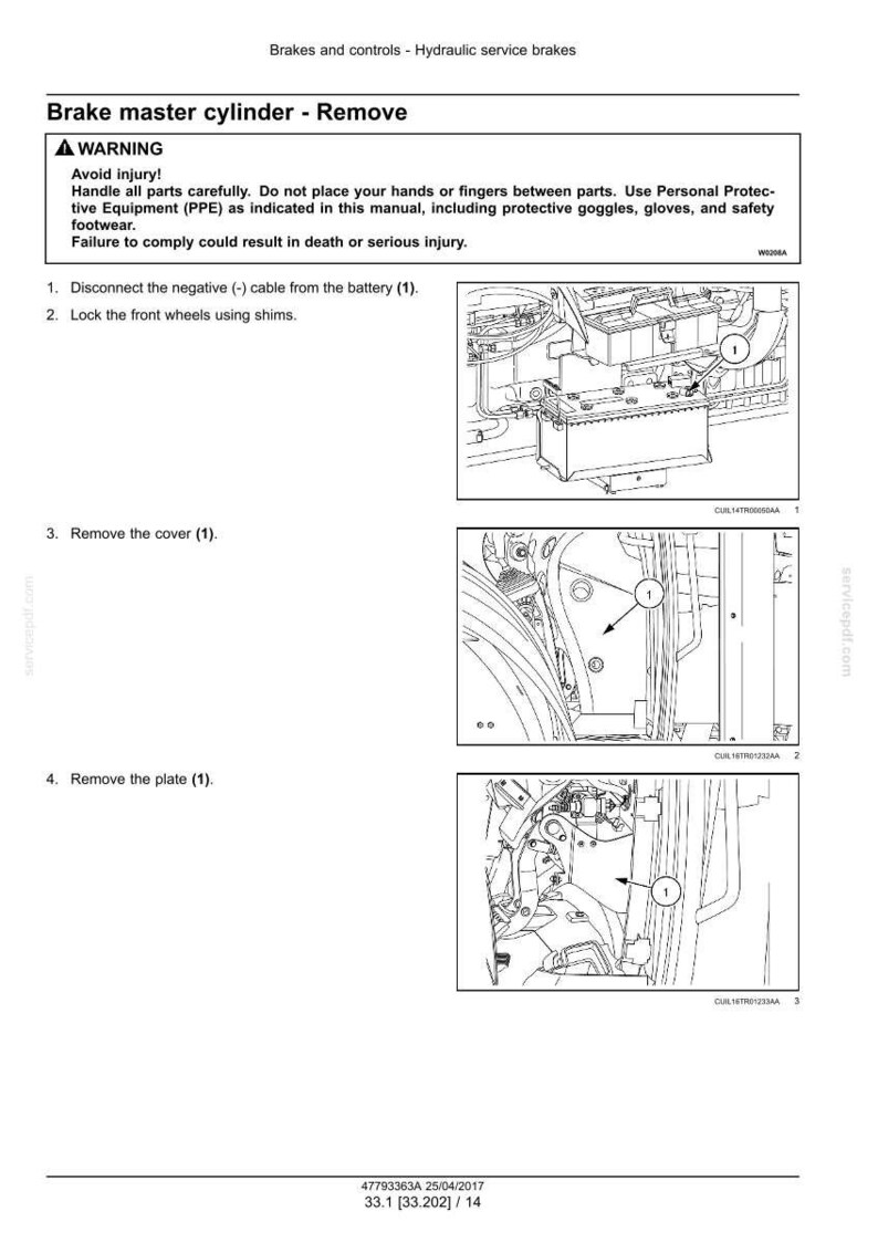 May include: Diagram illustrating the removal of a brake master cylinder. The image includes step-by-step instructions with numbered steps and arrows pointing to specific components. Safety warnings are also included.