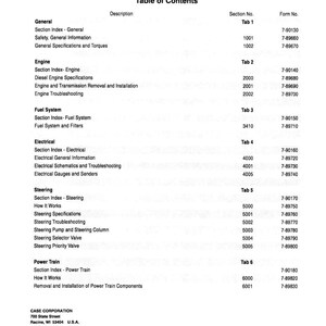 May include: A black and white service manual for 686G/686GXR Telescopic Handlers. The table of contents lists sections for General, Engine, Fuel System, Electrical, Steering, and Power Train. Published by Case Corporation in 1999.