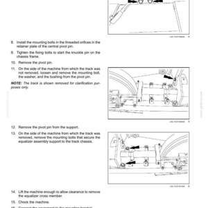 K&ouml;nnte beinhalten: Diagramm der Komponenten der Ketten- und Fahrwerksaufh&auml;ngung, einschlie&szlig;lich Schrauben, Unterlegscheiben und Drehzapfen. Anweisungen beschreiben die Aus- und Einbauschritte f&uuml;r die Wartung. Text: "Ketten und Fahrwerksaufh&auml;ngung - Kettenrahmen und Antriebsr&auml;der."