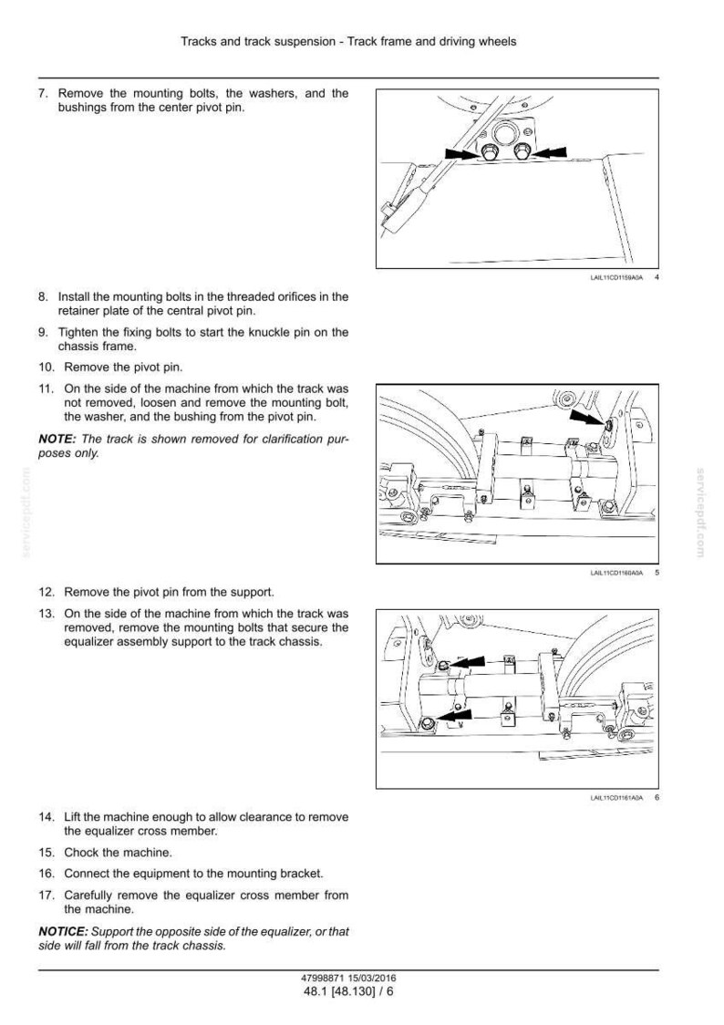 K&ouml;nnte beinhalten: Diagramm der Komponenten der Ketten- und Fahrwerksaufh&auml;ngung, einschlie&szlig;lich Schrauben, Unterlegscheiben und Drehzapfen. Anweisungen beschreiben die Aus- und Einbauschritte f&uuml;r die Wartung. Text: "Ketten und Fahrwerksaufh&auml;ngung - Kettenrahmen und Antriebsr&auml;der."