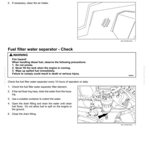 May include: Diagram from a maintenance manual showing instructions for checking the air intake and fuel filter water separator. Includes warnings about diesel fuel and steps for draining water.