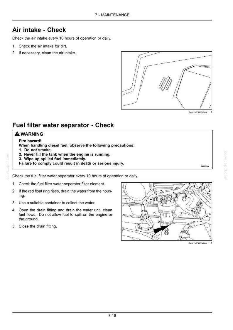 May include: Diagram from a maintenance manual showing instructions for checking the air intake and fuel filter water separator. Includes warnings about diesel fuel and steps for draining water.