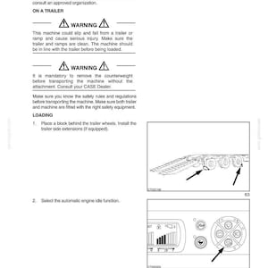 May include: Operating instructions page with diagrams. The page includes warnings about transporting machinery by rail and on a trailer. Diagrams show a trailer with arrows pointing to the wheels and a control panel with various settings.